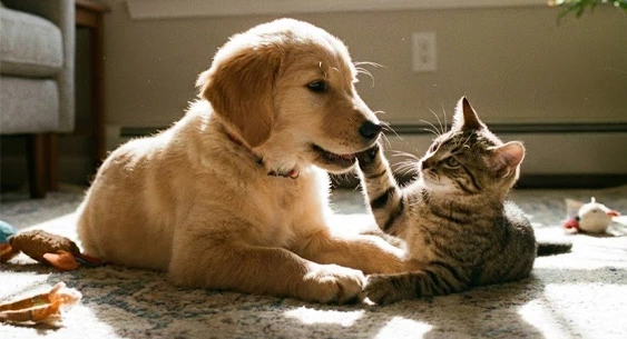 見つめ合うゴールデンレトリバーの仔犬と猫